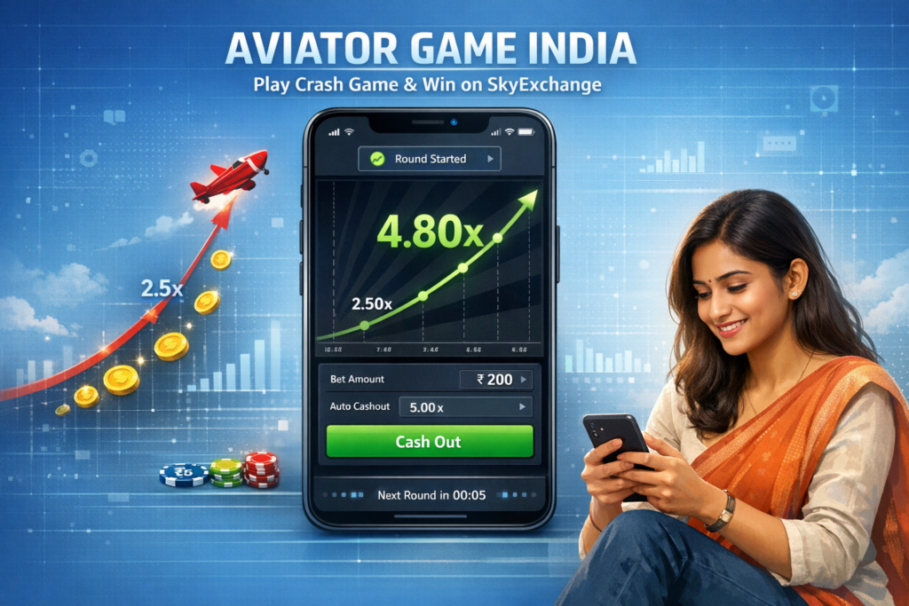 Aviator Game India interface on SkyExchange showing the crash game multiplier rising while players place bets to win real rewards online.