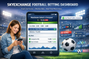 SkyExchange football betting dashboard showing live match scores, betting odds, and active bets for easy tracking and quick betting decisions.
