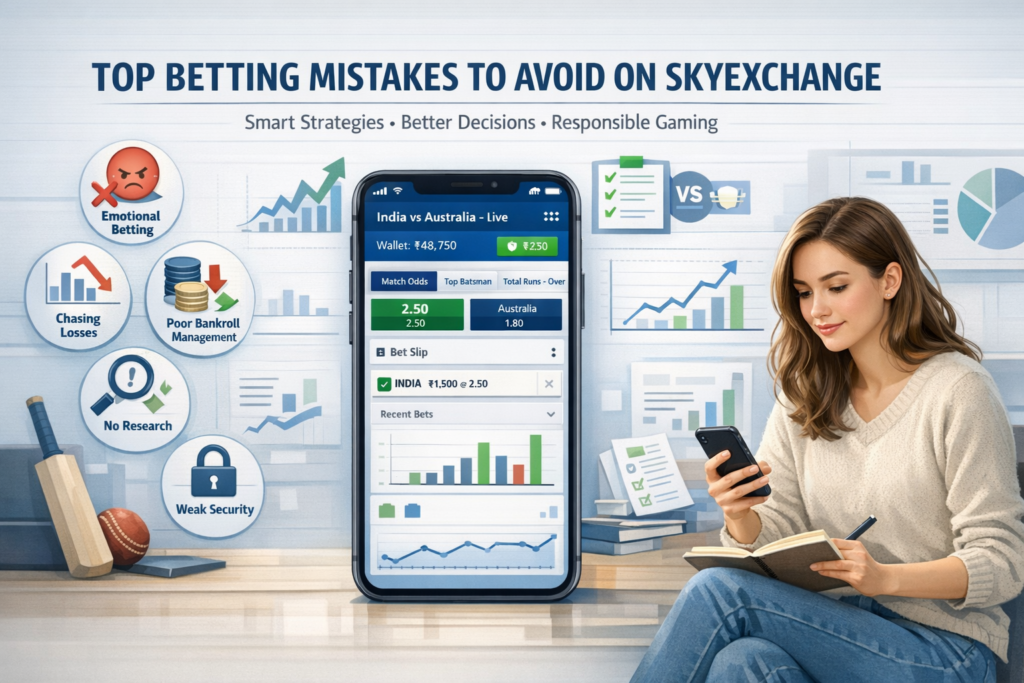 Infographic showing the top betting mistakes to avoid on SkyExchange, including poor bankroll management, chasing losses, and lack of strategy, helping players make smarter and more responsible betting decisions.