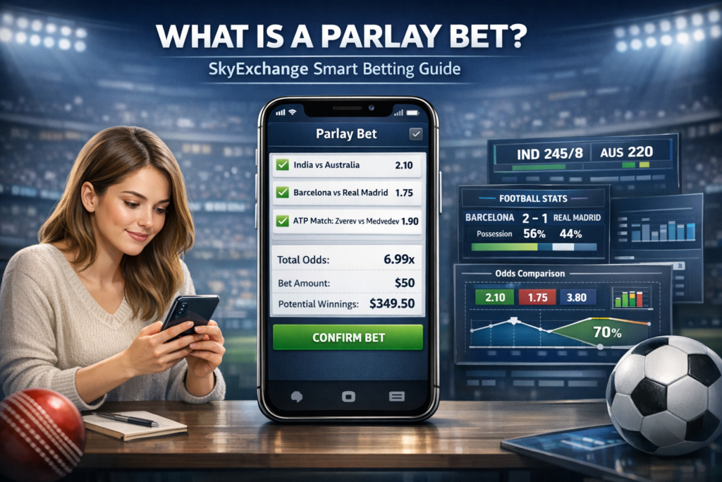 SkyExchange guide explaining what a parlay bet is, showing multiple sports selections combined into one bet for higher potential payouts and smart betting strategies.