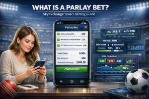 SkyExchange guide explaining what a parlay bet is, showing multiple sports selections combined into one bet for higher potential payouts and smart betting strategies.