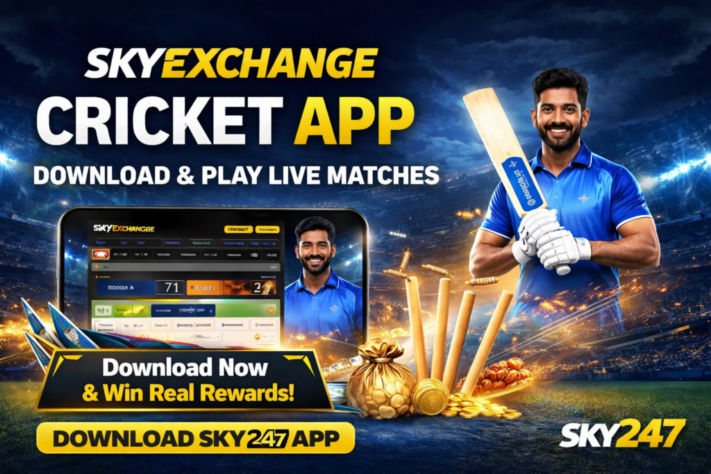 SkyExchange Cricket App promotional banner showing Sky247 app download, live cricket matches, smartphone interface, player with bat, and real rewards theme in a stadium background