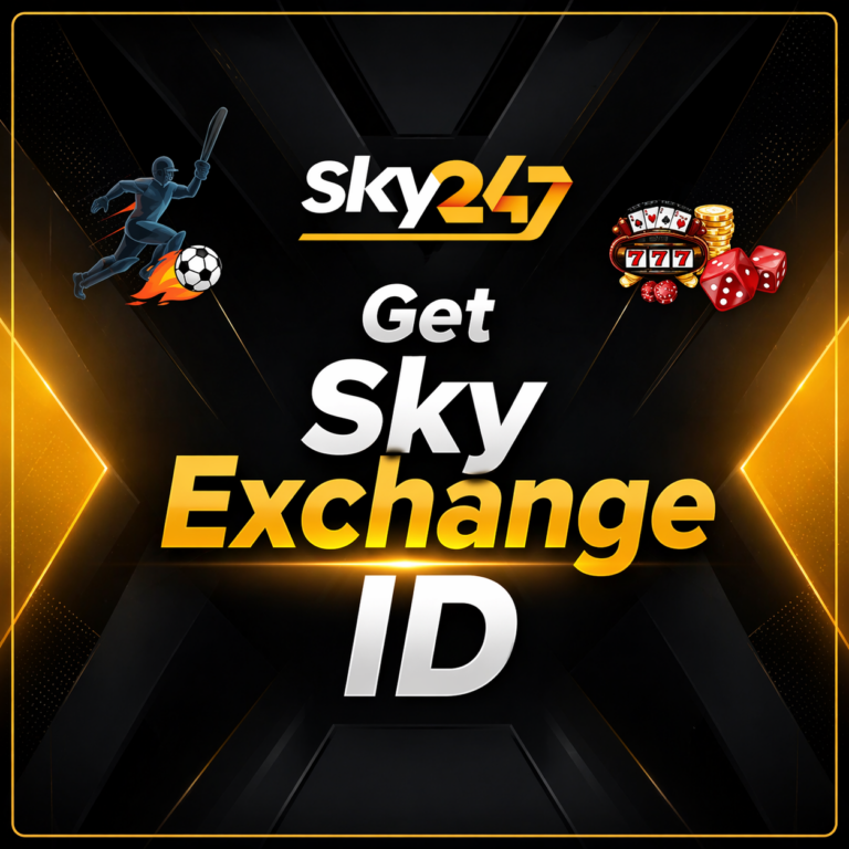 Get Sky Exchange ID promotional banner with Sky247 logo, sports betting and casino icons, black and gold background, and bold call-to-action text for SkyExchange login ID access.