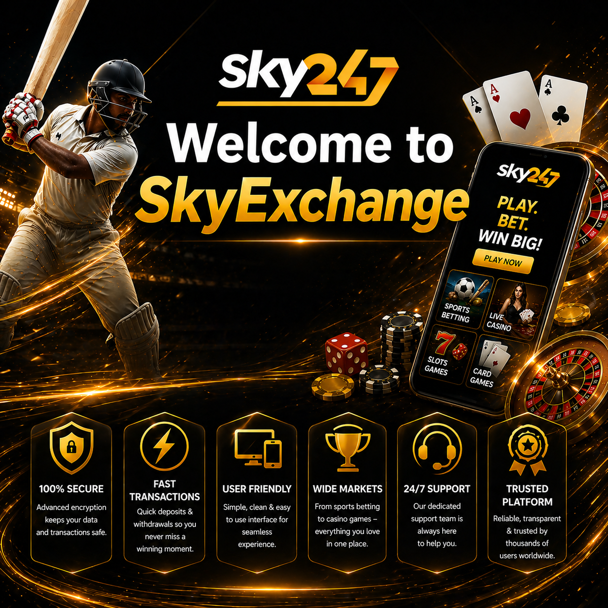 SkyExchange app promotional banner featuring cricket player, casino elements, mobile betting interface, and highlights like secure transactions, fast withdrawals, user-friendly design, and 24/7 support.