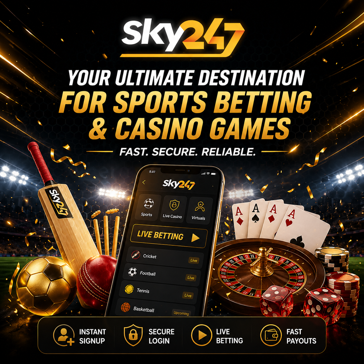 Sky247 promotional banner featuring a dark gold-themed background with a mobile betting app interface, cricket bat and ball, football, casino cards, roulette wheel, and dice, highlighting instant signup, secure login, live betting, and fast payouts.