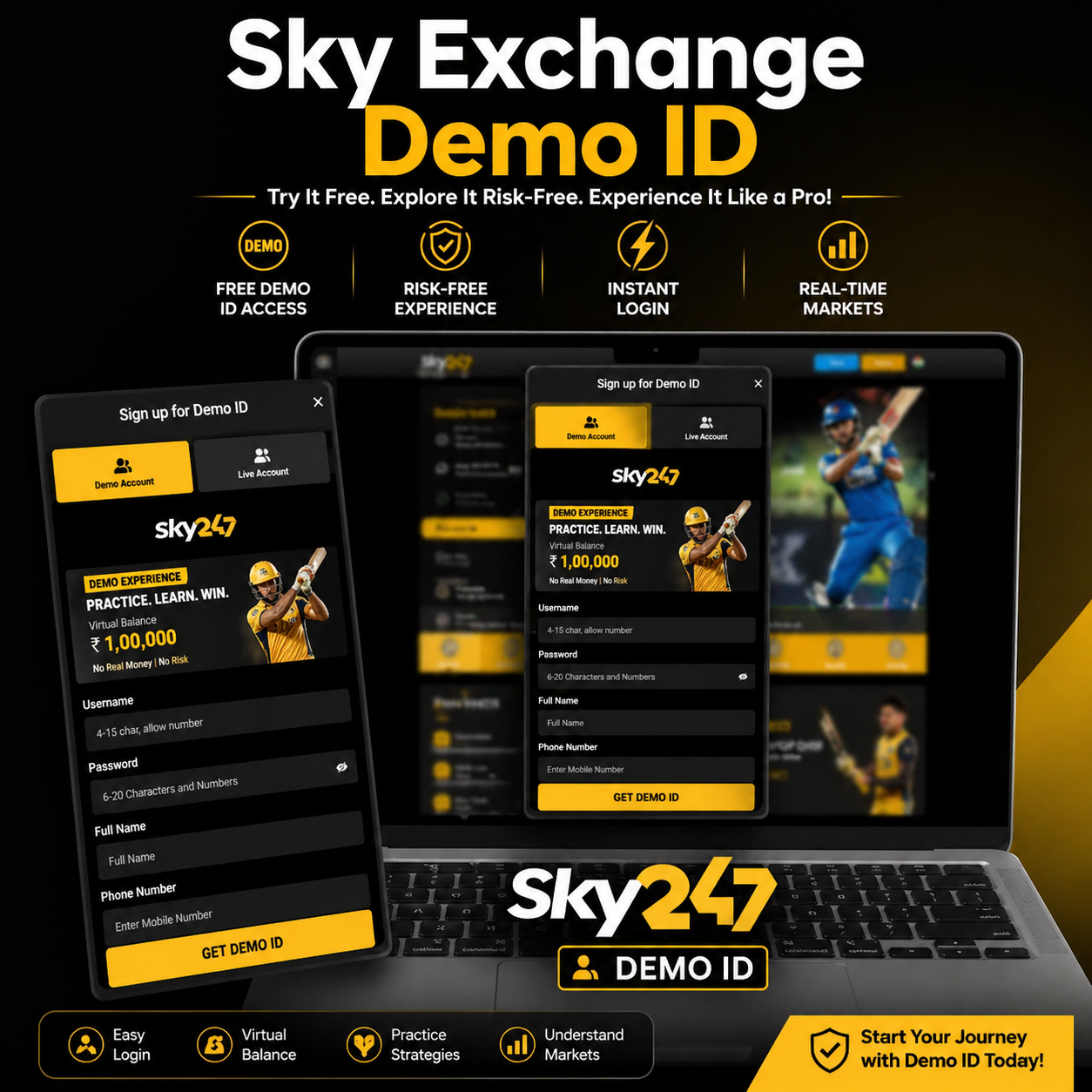 Sky Exchange Demo ID interface showing instant login screen with virtual balance, sign-up form, and sports betting dashboard on laptop and mobile in black and yellow theme