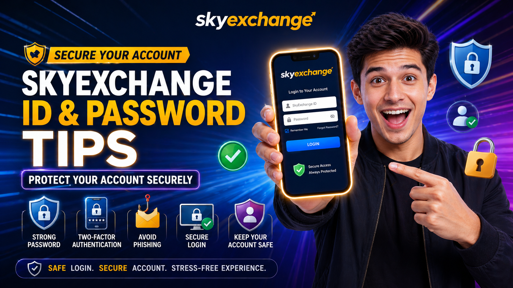 SkyExchange ID and Password Tips promotional banner showing a man holding a smartphone with secure login screen, highlighting account security features like strong password, two-factor authentication, and safe login access in a vibrant 16:9 design.