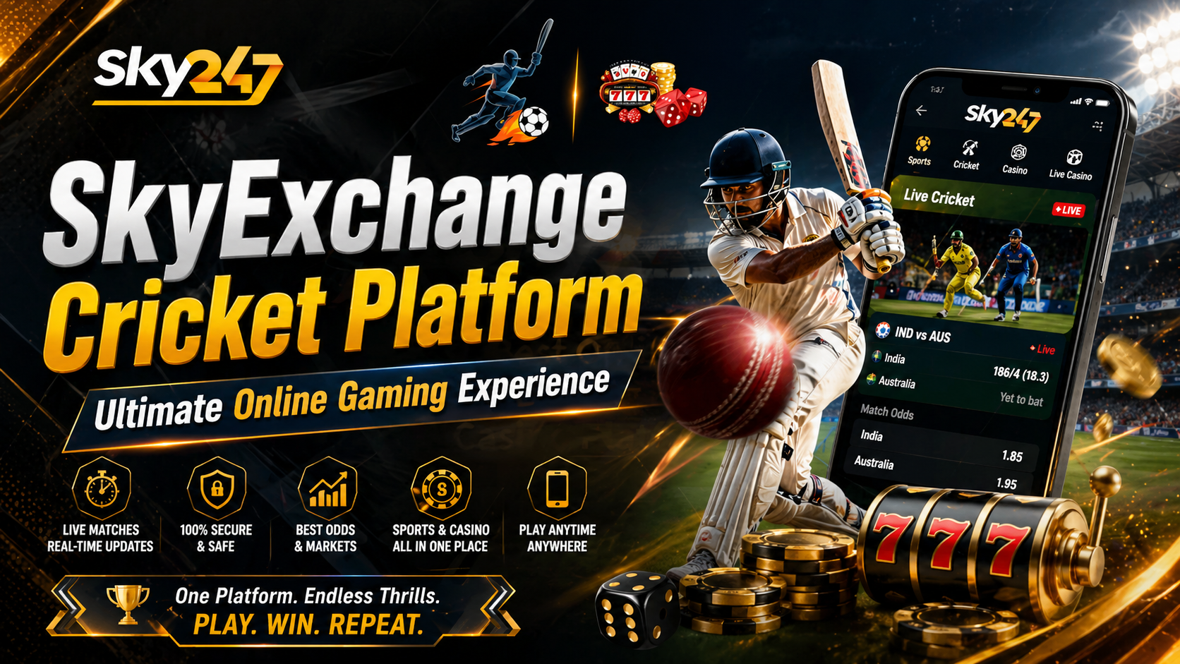 SkyExchange Cricket Platform promotional banner featuring Sky247 logo, a batsman playing a powerful shot, live cricket match display on mobile screen, and highlighted features like real-time updates, secure access, and multi-device compatibility in a dark stadium background.