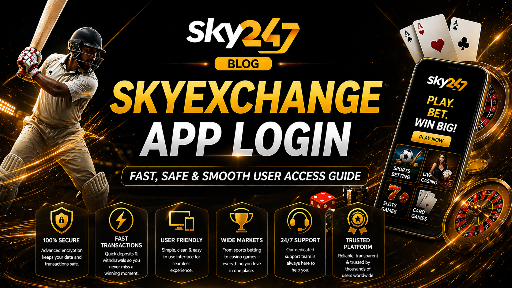 SkyExchange App Login promotional banner featuring a cricket player, Sky247 logo, and a mobile interface with fast, safe, and smooth user access guide highlighted in a black and gold theme.