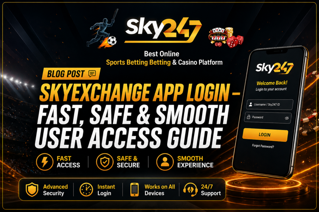 SkyExchange app login promotional banner with Sky247 logo, mobile login screen, and bold text highlighting fast, safe, and smooth user access guide with security and multi-device features.