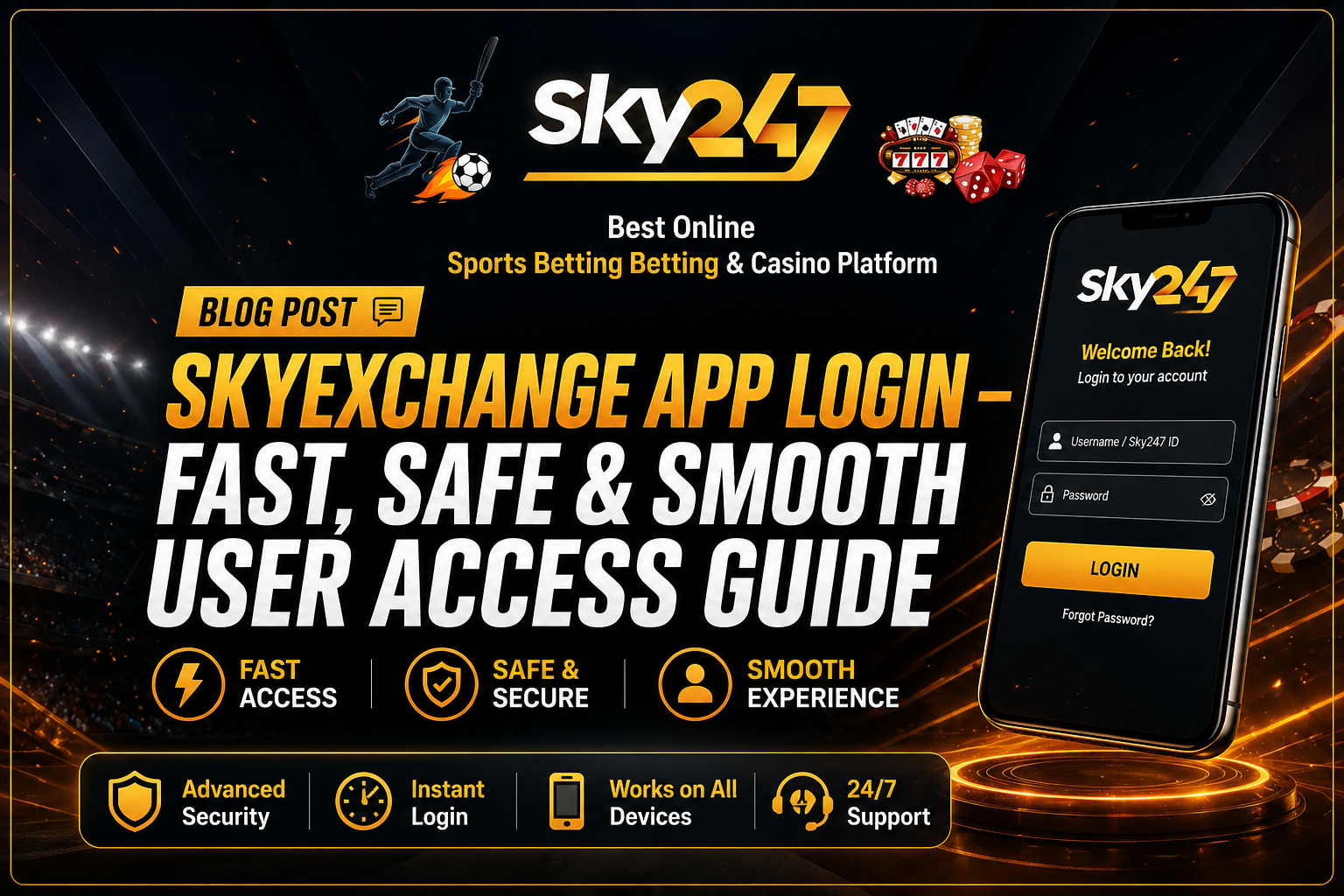 SkyExchange app login promotional banner with Sky247 logo, mobile login screen, and bold text highlighting fast, safe, and smooth user access guide with security and multi-device features.