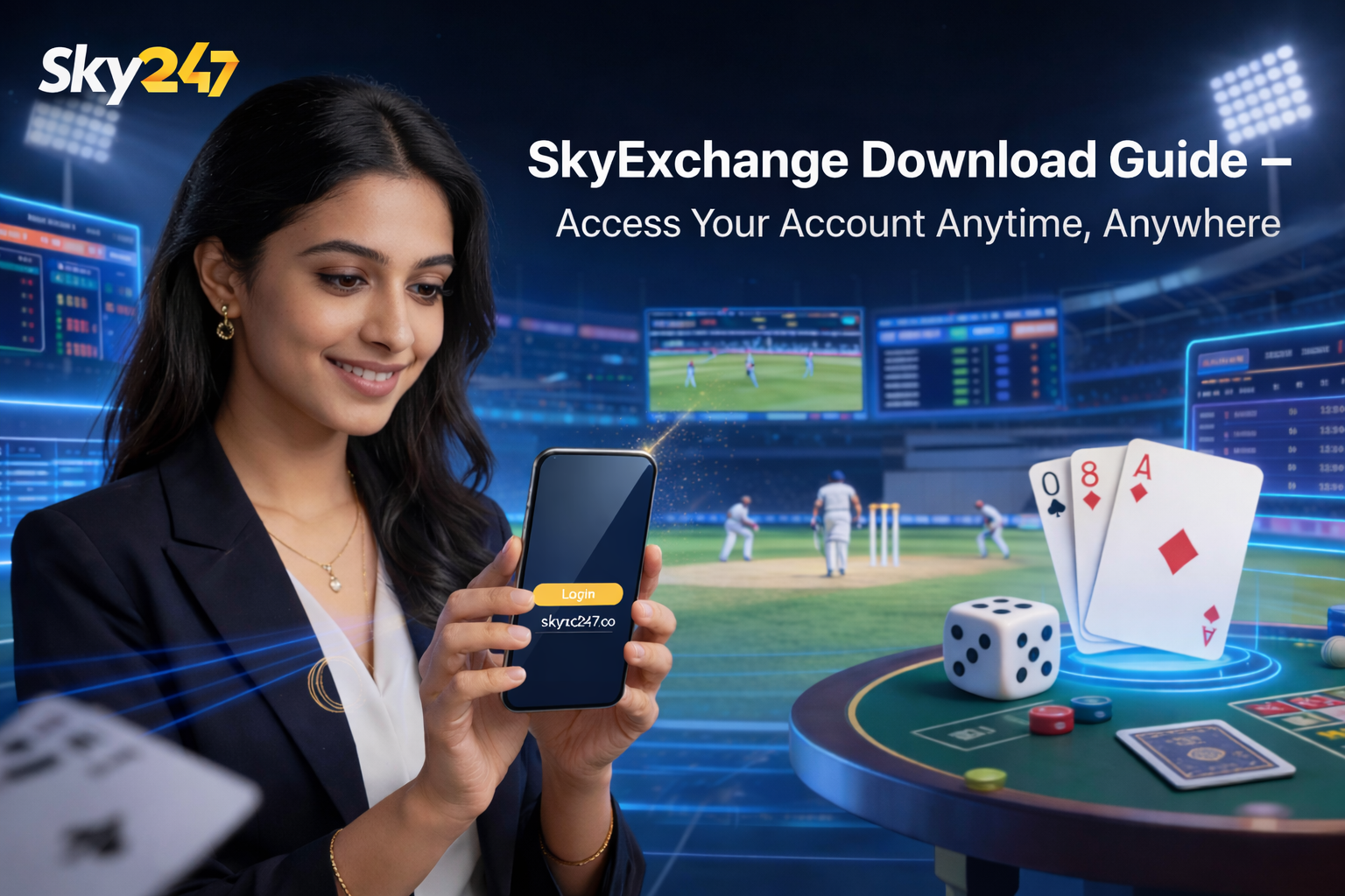 SkyExchange download guide banner showing a woman using smartphone with skyexchange login screen and sports gaming interface in background