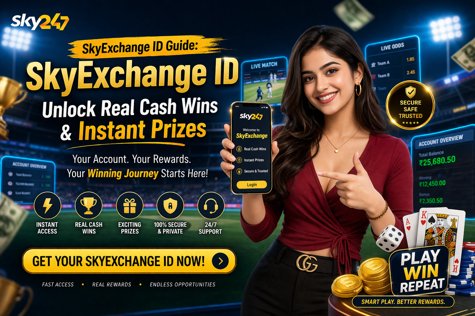 SkyExchange ID Guide promotional banner with attractive girl holding smartphone, Sky247 logo, cricket stadium background, and real cash rewards concept