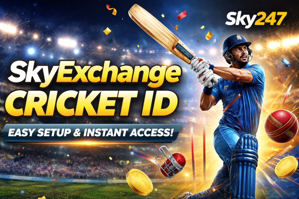 SkyExchange Cricket ID promotional banner with Sky247 logo, cricket player, stadium background, and easy setup instant access text