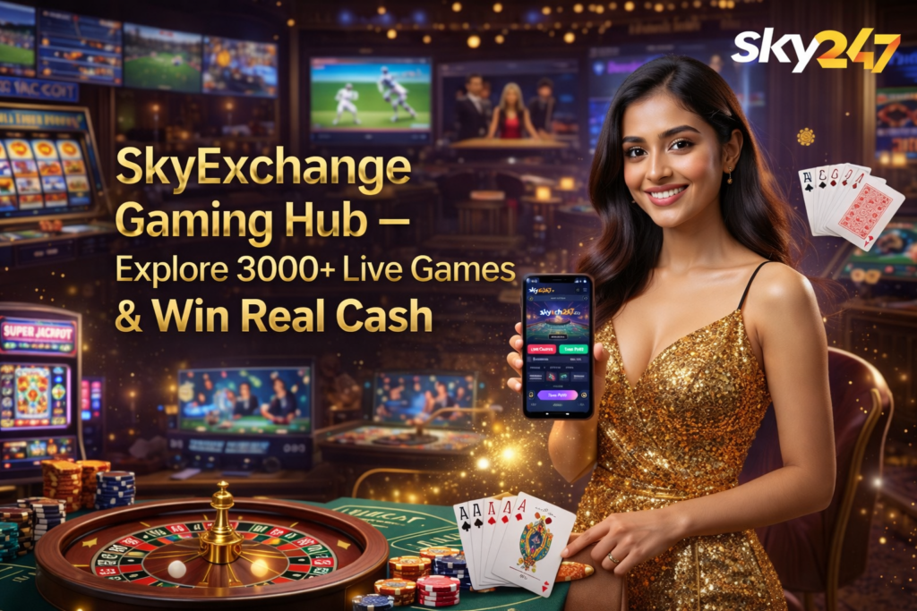 SkyExchange Gaming Hub promotional image showing a beautiful woman holding a smartphone with SkyExchange app, 3000+ live games interface, and premium gaming background with logo branding