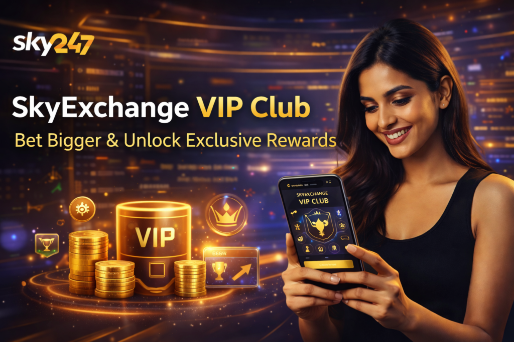 SkyExchange VIP Club promotional banner featuring a woman holding a smartphone with the SkyExchange logo, highlighting exclusive rewards, premium benefits, and a modern digital interface.