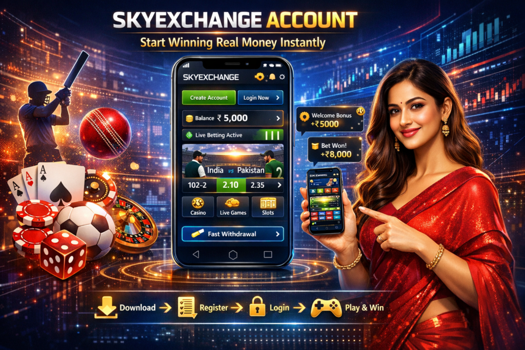 User creating SkyExchange account on mobile with online betting dashboard, secure login screen, and real-time gaming interface displayed