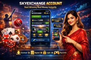 User creating SkyExchange account on mobile with online betting dashboard, secure login screen, and real-time gaming interface displayed