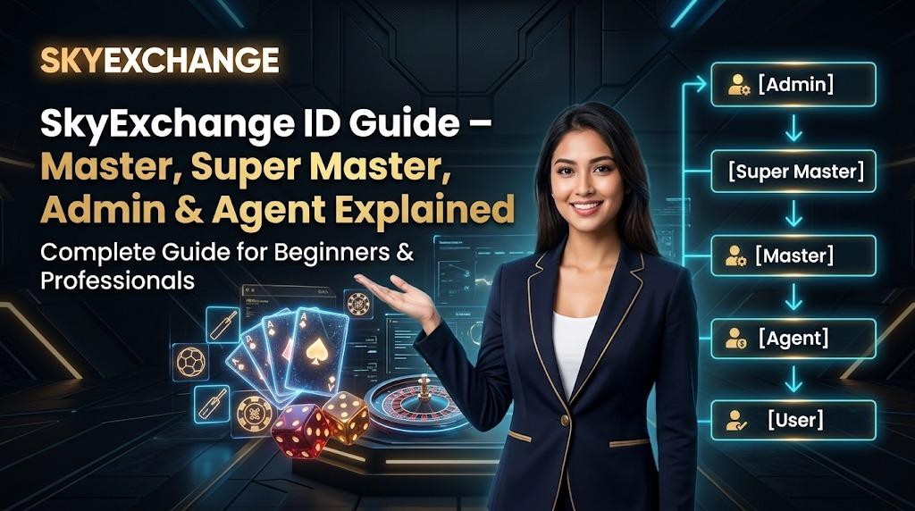SkyExchange promotional banner with attractive model, glowing game elements, and hierarchy diagram explaining Master, Super Master, Admin, and Agent roles.