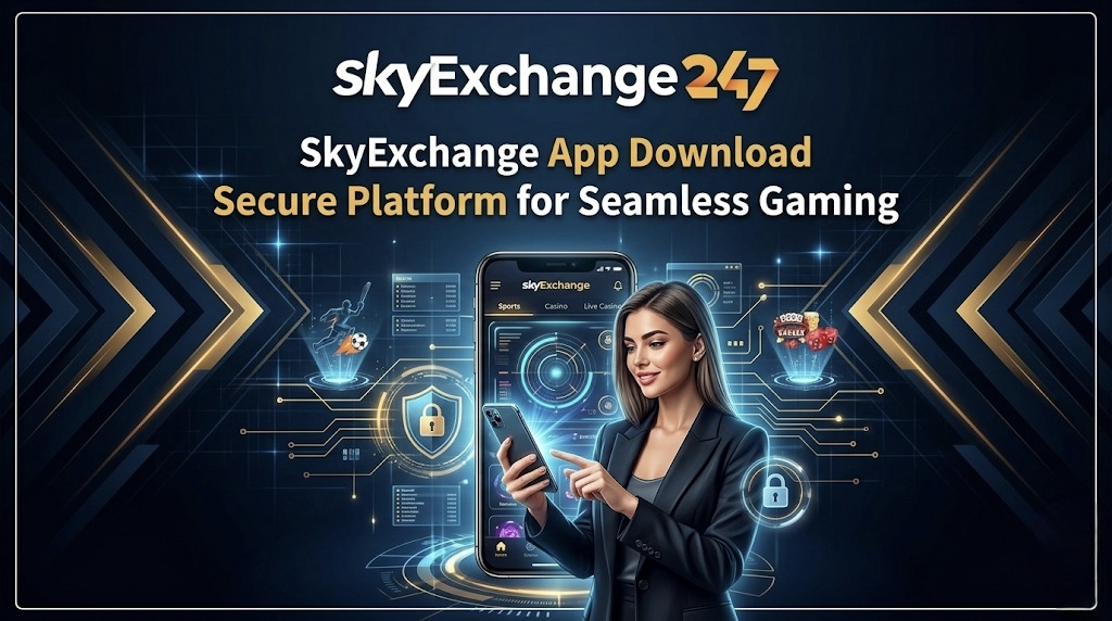 SkyExchange App Download promotional banner with secure mobile platform, modern UI, and official logo design