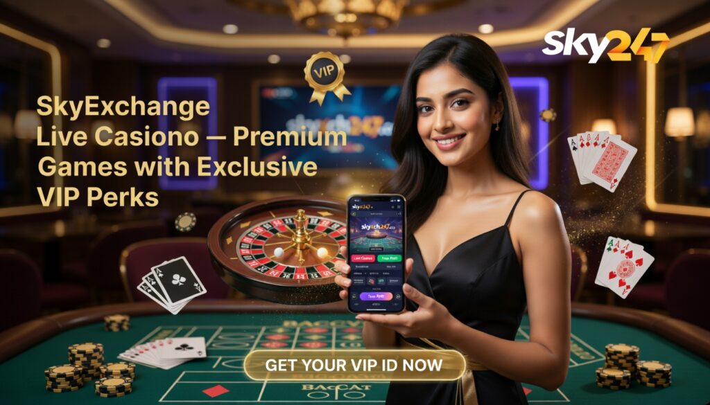 SkyExchange Live Casino banner with beautiful Indian woman using mobile app, showing roulette, blackjack, poker games and VIP perks