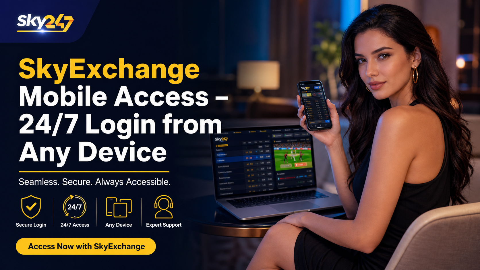 SkyExchange Mobile Access promotional banner showing a woman holding a smartphone with SkyExchange interface, featuring 24/7 login from any device, secure access icons, and Sky247 branding in a modern dark-blue theme.