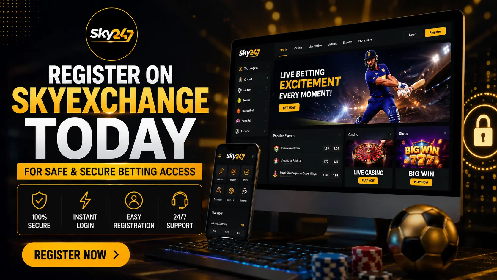 Alt Text: Attractive promotional banner for “Register on Skyexchange Today for Safe and Secure Betting Access” featuring the Sky247 logo, realistic gaming interface on desktop and mobile screens, cricket player visuals, secure login icons, and modern black-and-gold design elements.