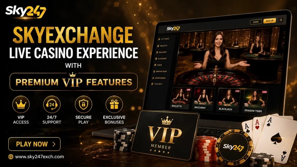 ALT Text: Skyexchange Live Casino Experience with Premium VIP Features promotional banner showing a realistic live gaming interface, VIP member card, live dealer table, playing cards, chips, and premium online entertainment design with Sky247 logo in black and gold theme.
