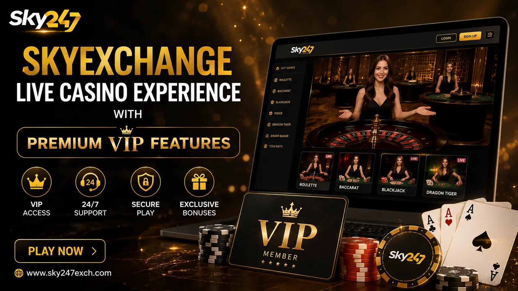 ALT Text: Skyexchange Live Casino Experience with Premium VIP Features promotional banner showing a realistic live gaming interface, VIP member card, live dealer table, playing cards, chips, and premium online entertainment design with Sky247 logo in black and gold theme.