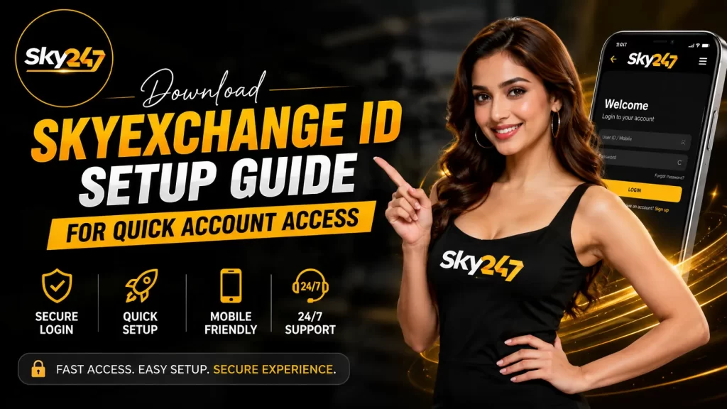 Promotional banner for “Download Skyexchange ID Setup Guide for Quick Account Access” featuring the Sky247 logo, a smiling woman promoting the platform, mobile login screen, and secure online account setup design in black and gold theme.