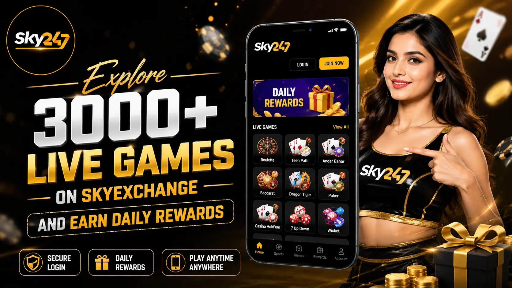 Beautiful promotional banner for Skyexchange featuring a model promoting 3000+ live games and daily rewards, with Sky247 logo, mobile gaming interface, secure login icons, and premium black-and-gold themed design.