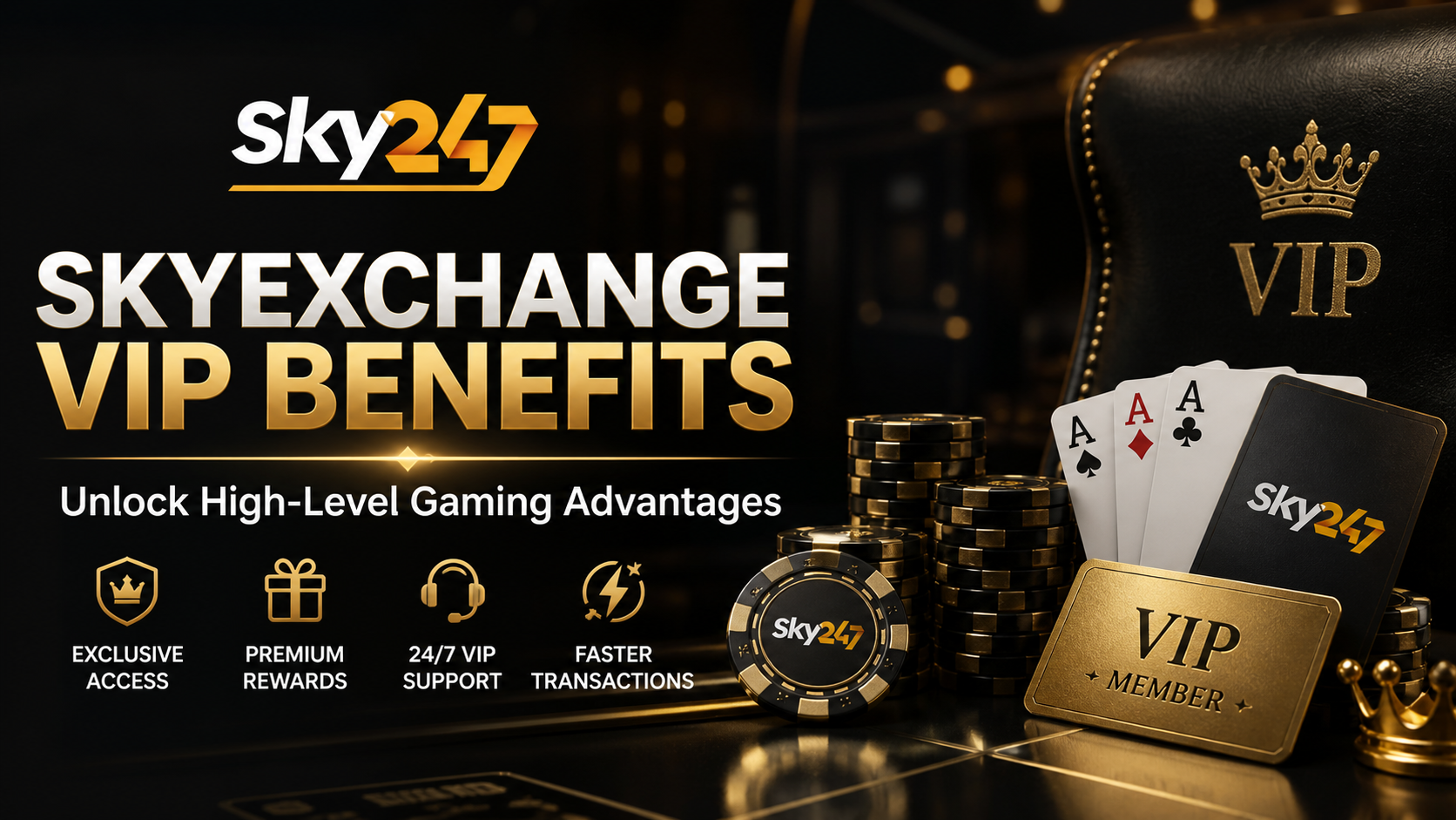 SkyExchange VIP Benefits promotional banner featuring Sky247 logo, premium gold and black theme, VIP chair, playing cards, chips, and icons highlighting exclusive access, rewards, 24/7 support, and faster transactions.