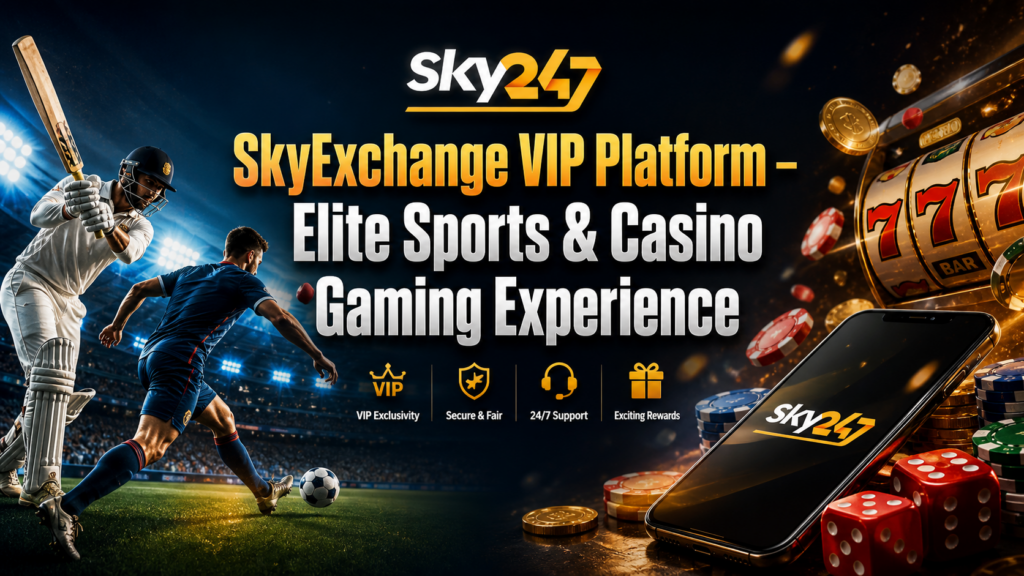 SkyExchange VIP Platform promotional banner featuring the Sky247 logo, elite sports visuals with cricket and football players, and premium gaming elements like chips, dice, and a slot machine, highlighting a high-end digital experience with 24/7 support and exclusive rewards in a dark, cinematic 16:9 design.