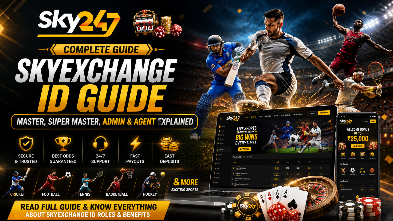 SkyExchange ID Guide banner featuring Sky247 logo with dynamic sports visuals including cricket, football, basketball, and tennis, highlighting Master, Super Master, Admin, and Agent roles in a professional and attractive design