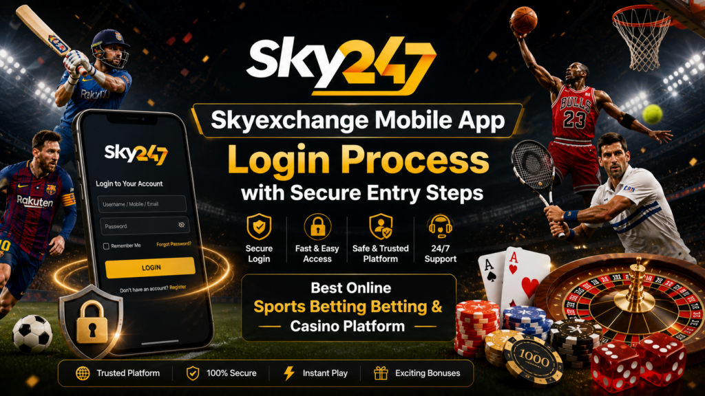 Skyexchange mobile app login process banner with secure entry steps, showing sports visuals, mobile login screen, and trusted skyexchange platform features for safe and easy access.