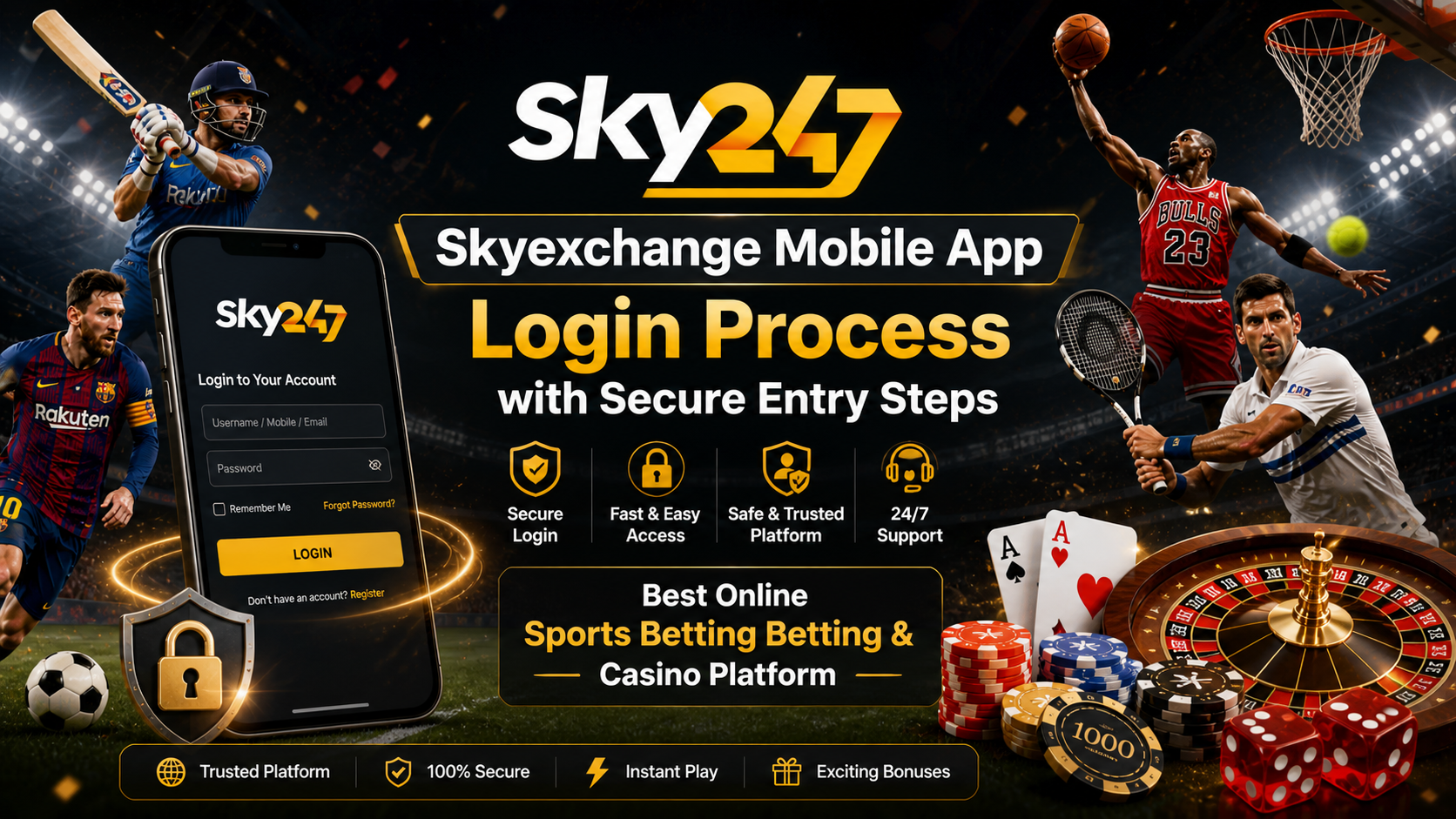 Skyexchange mobile app login process banner with secure entry steps, showing sports visuals, mobile login screen, and trusted skyexchange platform features for safe and easy access.