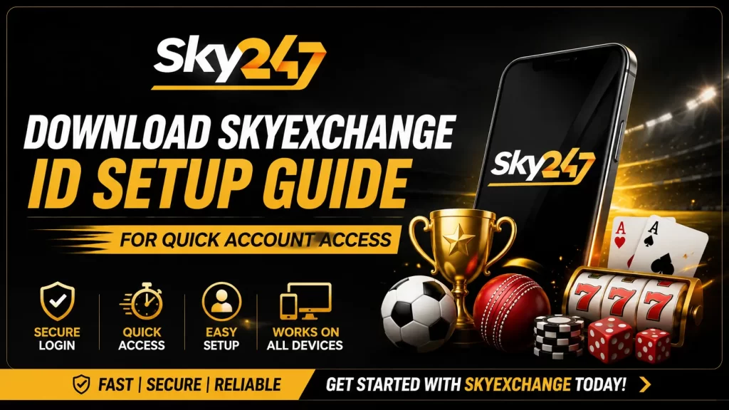 Download Skyexchange ID Setup Guide banner with Sky247 logo, secure login icons, mobile access display, and fast account access highlights in a black and gold design