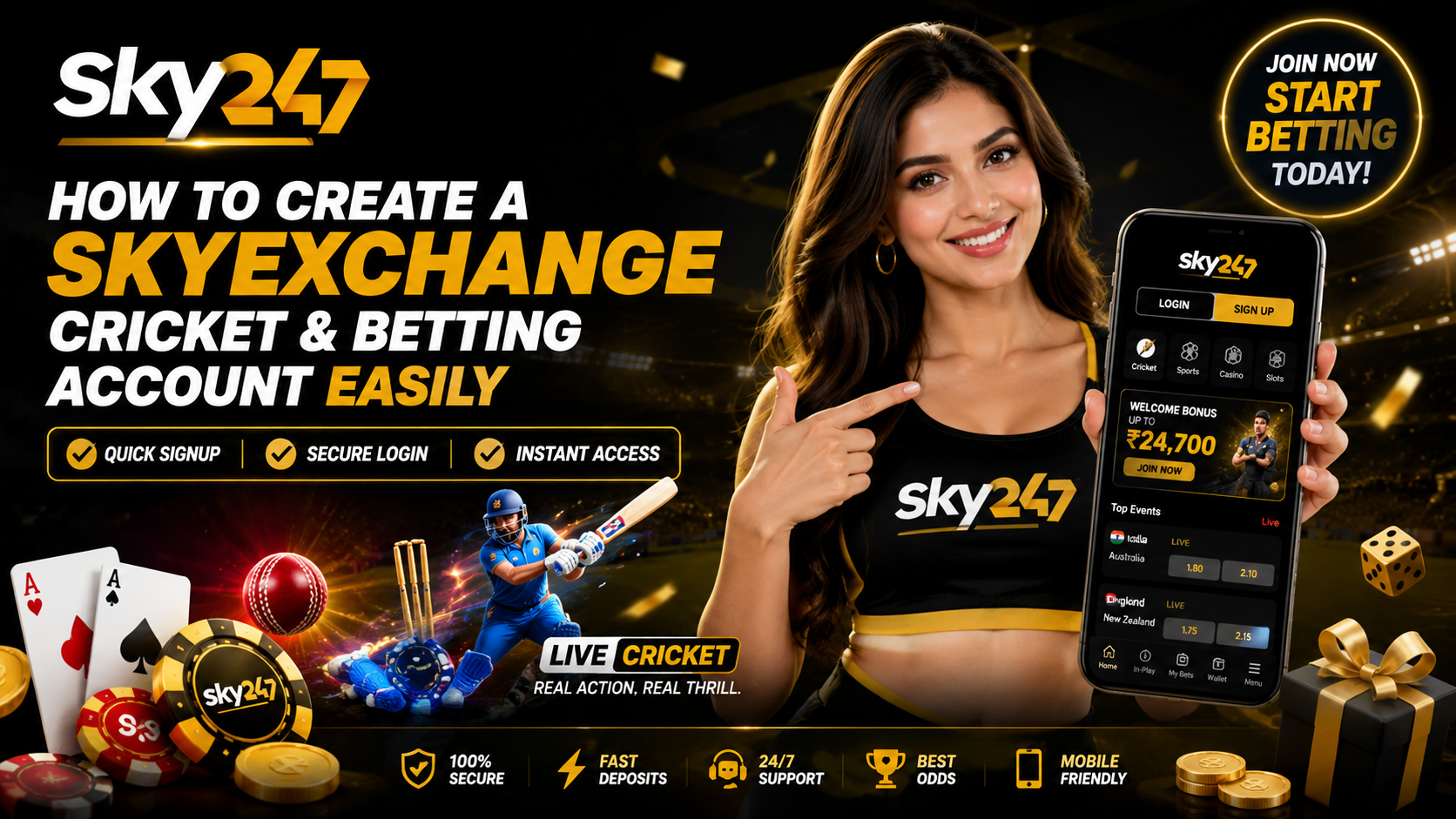 Skyexchange cricket account registration banner featuring Sky247 logo, live cricket action, betting games, mobile app interface, and promotional female model with secure login and instant access highlights.