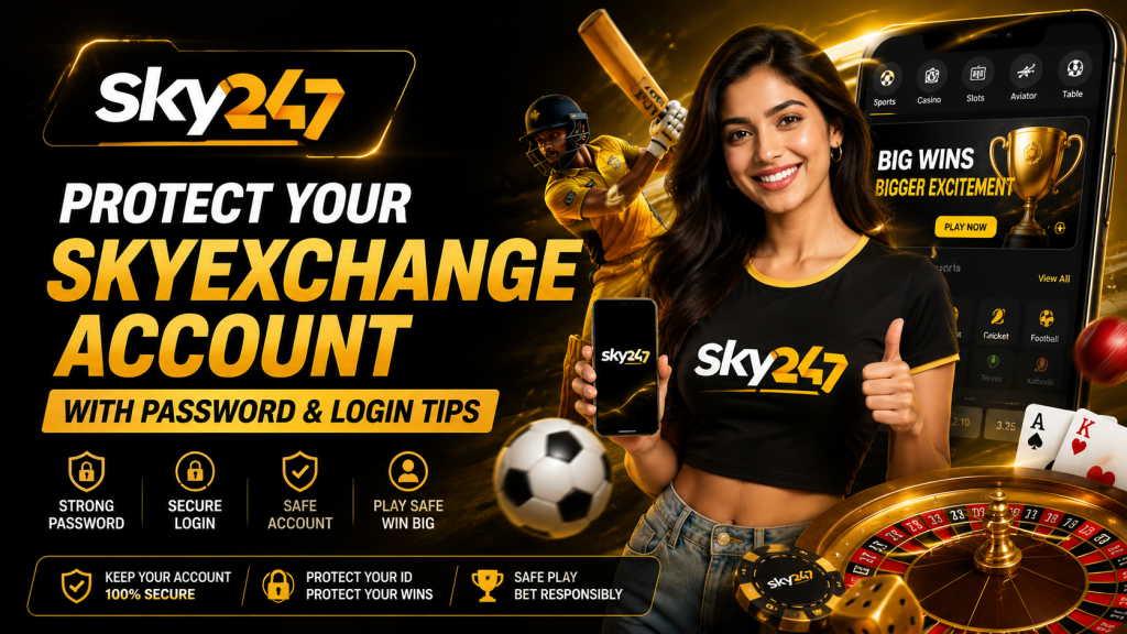 Protect Your Skyexchange Account with Password & Login Tips promotional banner featuring Sky247 logo, secure login graphics, sports visuals, mobile app display, and a woman promoting safe account access and password protection.