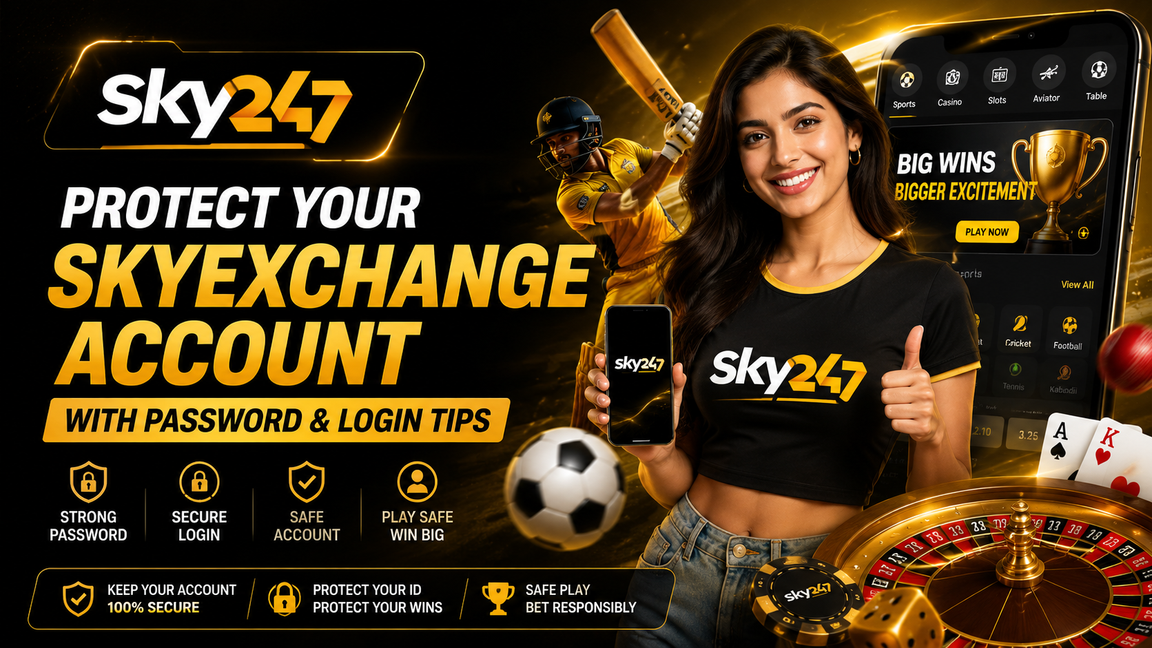 Protect Your Skyexchange Account with Password & Login Tips promotional banner featuring Sky247 logo, secure login graphics, sports visuals, mobile app display, and a woman promoting safe account access and password protection.