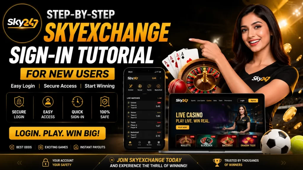 Promotional banner for “Step-by-Step Skyexchange Sign-In Tutorial for New Users” featuring the Sky247 logo, a smiling promotional woman, mobile and desktop login screens, sports elements, and secure account access graphics in a black and gold theme.
