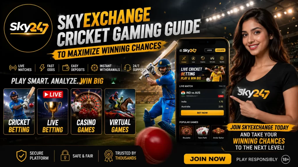 ALT Text: “Skyexchange Cricket Gaming Guide to Maximize Winning Chances featuring exciting cricket betting gameplay, live match action, online gaming interface, and promotional sports entertainment design.”